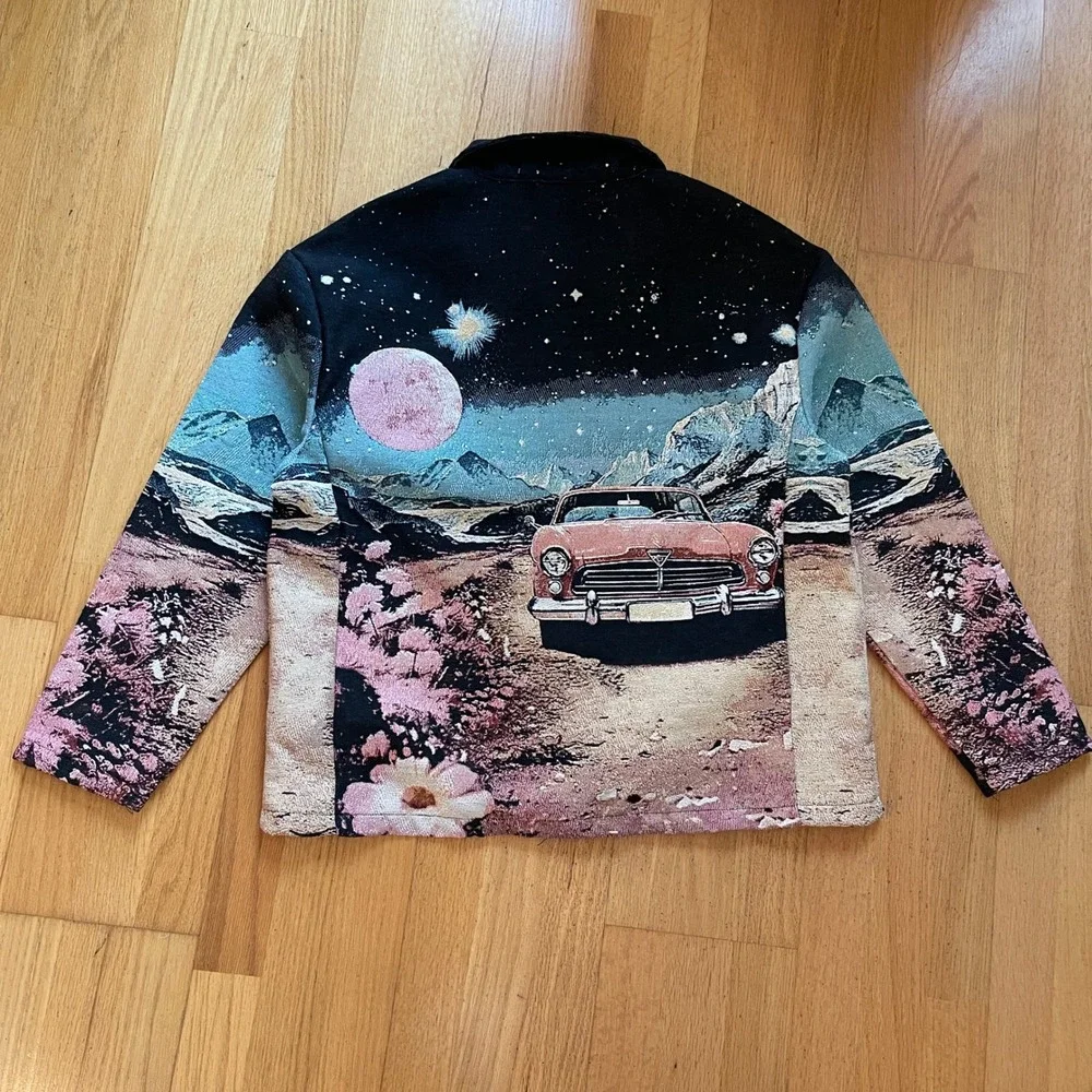NWT Rebel Vengeance Mens Tapestry‎ Jacket Black Pink Vintage Car Moon Woven Sz M